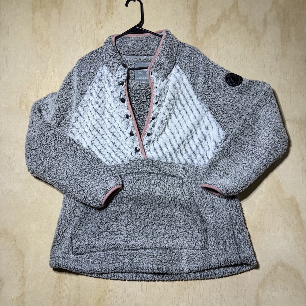 Simply Southern Women’s XL Sherpa Fleece Pullover Gray Snap Teddy Cozy Jacket